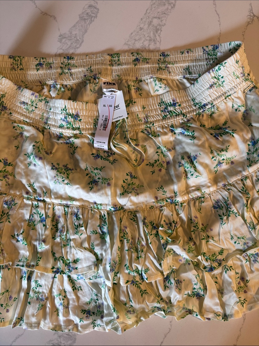 PINK Victoria's Secret Floral Ruffle Mini Skirt - Cream with Green & Blue